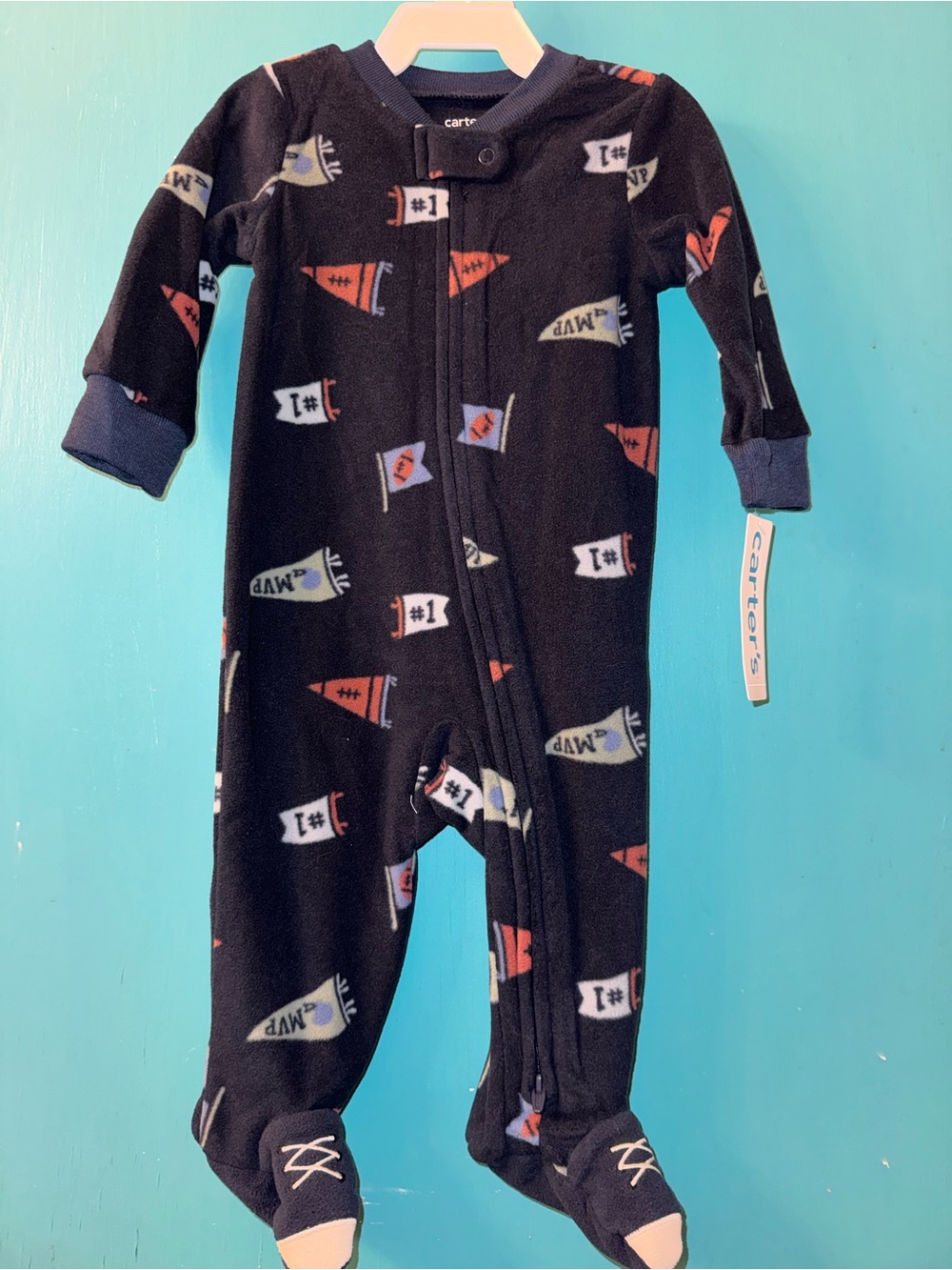 Carter's Black Footed One-Piece Pajamas with Pennant Print